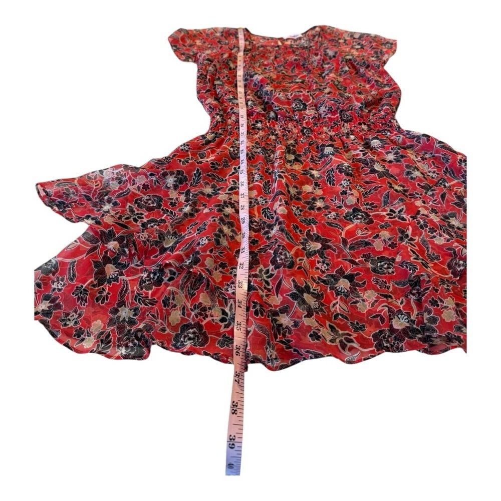 Parker Red Black Silk Floral V Neck Dress Mini Smocked Waist Ruffled Mini Dress - Picture 13 of 15